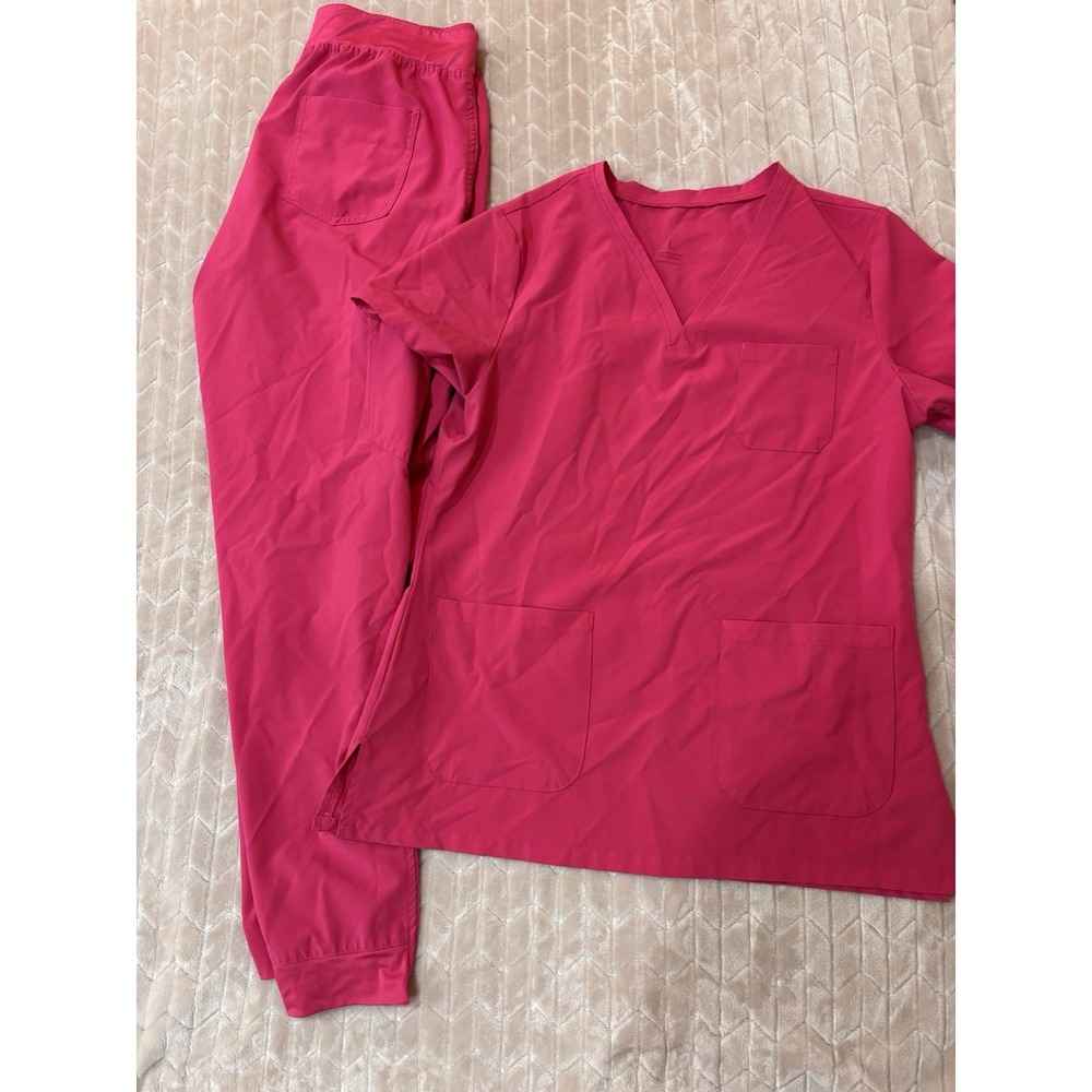 Fuchsia Pink Scrub Set Women L Jogger Pants V-Neck Top Nursing Uniform Medical